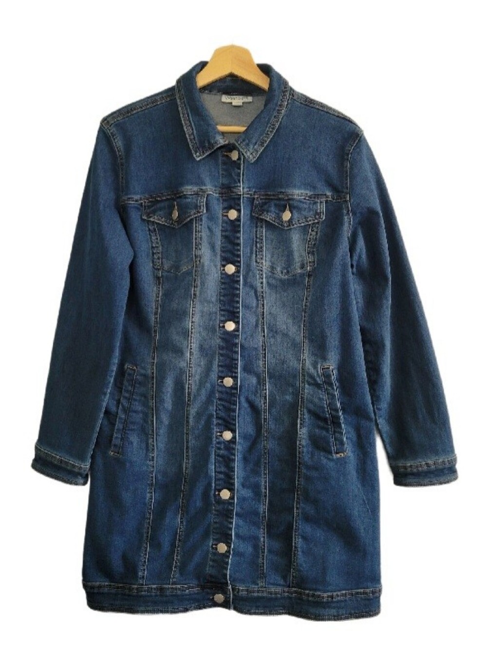 CLASSIC Women's Long Denim Jacket - Blue Sz L Casual Everyday Basic Fall/Spring